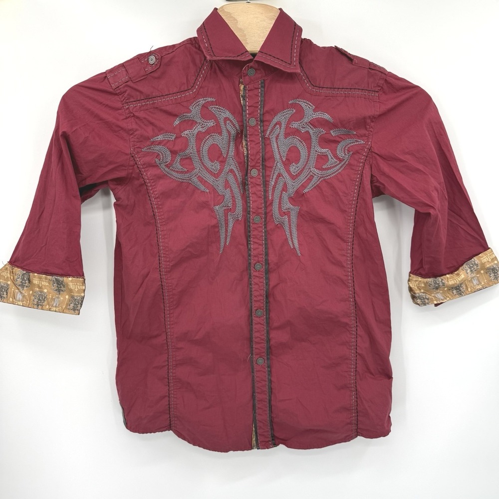 Montero Black Label Button Down Men Medium Maroon Tribal Embroidered Y2K Shirt